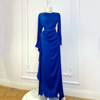 Синие вечерние платья 2023 с круглым вырезом и длинными рукавами, платье для выпускного вечера из атласа С кристаллами, прямые вечерние платья длиной до пола