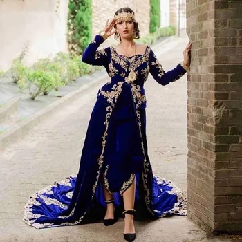 Королевский синий Марокканский кафтан, Мусульманские вечерние платья трапециевидной формы с длинными рукавами, аппликации, Дубай, Арабский, Турция, Абая, Исламское платье
