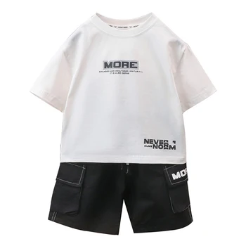 Летняя одежда для мальчиков, одежда с буквенным рисунком, футболка для мальчиков + короткий костюм для мальчика, детский спортивный костюм в повседневном стиле