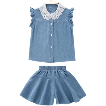 Комплекты одежды для девочек из 2 предметов, детские Летние джинсовые рубашки с коротким рукавом, топы + юбка, комплекты детской одежды, детская одежда, наряды