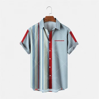 Летняя черно-белая контрастная мужская рубашка с геометрическим рисунком в полоску, уличная гавайская рубашка
