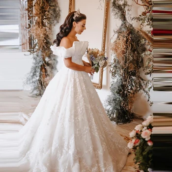 Пышные свадебные платья с цветочным рисунком, рукава-колпачки, Оборки, аппликации из цветочного кружева, свадебные платья для новобрачных, бальное платье большого размера