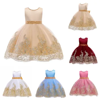 FOCUSNORM Летнее платье принцессы для девочек от 4 до 8 лет, кружевное платье принцессы с жемчугом, блестками, бантом, цветочной вышивкой, платье-пачка без рукавов