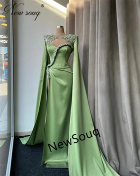 Вечерние платья с зеленым бисером на Ближнем Востоке, Элегантные рукава-накидки, атласное длинное платье для выпускного вечера знаменитостей 2023, вечерние платья Robe Du Soir