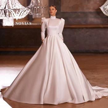 Атласное свадебное платье ALEX NOVIAS с длинным рукавом и карманами 2023, Мусульманское свадебное платье на пуговицах Vestido Novias De Saten