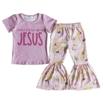Оптовая продажа Детской осенней моды, Пасхальной Розовой рубашки с Иисусом, комплекты одежды для маленьких девочек, Детские Бутик-брюки в полоску с колокольчиками