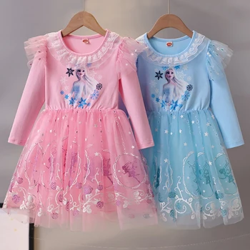 Платье принцессы Эльзы для девочек, весенне-осеннее детское платье с круглым вырезом и тотемной сеткой с мультяшным принтом, Vestidos для детей от 3 до 8 лет, милая одежда для детей
