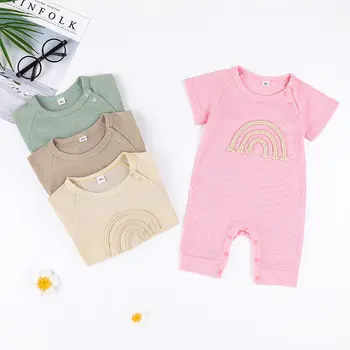 Летний комбинезон для новорожденных, одежда цвета радуги, комбинезон для девочек, Хлопковый комбинезон с коротким рукавом и круглым вырезом для мальчиков 0-18 м