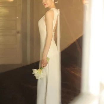 Модный халат с бантом на бретельках Mariage Femme, простые атласные свадебные платья без рукавов, сексуальное платье с открытой спиной, Элегантное длинное платье Casamento