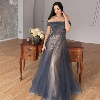 Роскошное арабское темно-синее вечернее платье, длинные элегантные платья для помолвки для женщин, свадебное платье с открытыми плечами