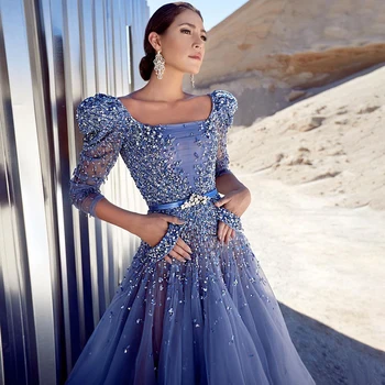 Serene Hill Blue Элегантное Синее Вечернее Платье 2023 Роскошного Дубайского Мусульманского Длинного Арабского Короткого Свадебного Торжества LA71631