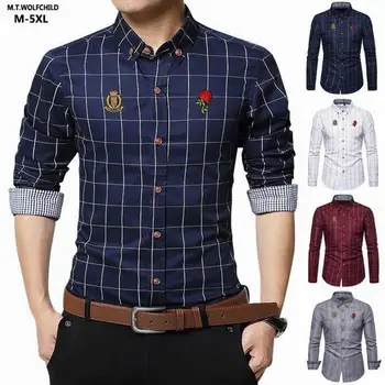 M-5XL Высококачественная мужская рубашка в деловую клетку с цветочной вышивкой, весенняя одежда Homme, топы, модные облегающие мужские рубашки.