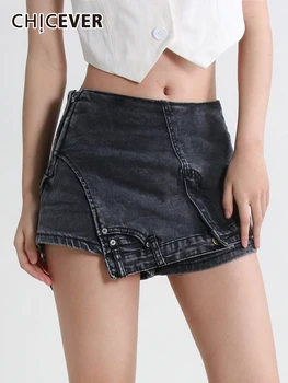 Асимметричные джинсовые шорты CHICEVER для женщин с высокой талией и пуговицами в стиле пэчворк, повседневные короткие брюки для похудения, женская летняя одежда