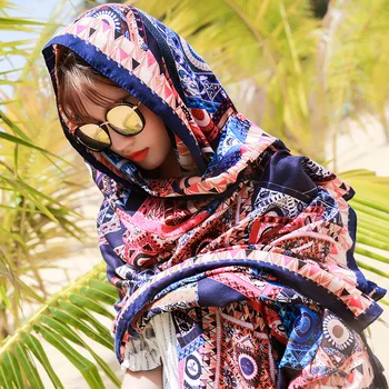 Пляжный шарф-накидка, имитирующий летний туризм в этническом стиле, Шелковый шарф, солнцезащитная накидка, большая шаль, женский пляжный плащ с принтом Lady P2