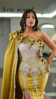 Гламурные мусульманские вечерние платья из атласа арабского желтого цвета с одним плечом и сексуальным разрезом сбоку, вечерние платья для официальных мероприятий и вечеринок