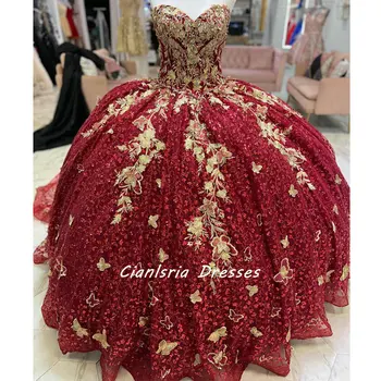 Темно-красные пышные платья с кристаллами и блестками, бальное платье, золотые аппликации, 3D Корсет с бабочками, Vestidos Para XV Años