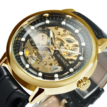Мужские часы с прозрачным скелетоном в стиле ретро Механические наручные часы со светящимся верхним брендом, роскошные золотые часы с кожаным ремешком relogio