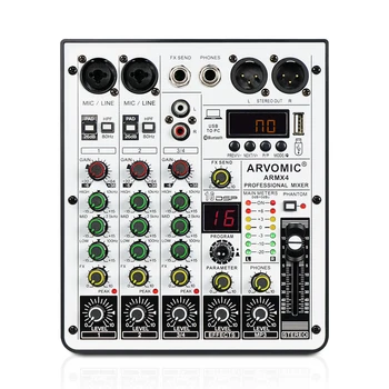 4-канальный аудиомикшер, ARVOMIC DJ-микшер с аудиоинтерфейсом USB, функцией Bluetooth, 16 эффектами DSP и 3-полосным эквалайзером (ARMX-4)