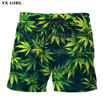 YX Girl, Новая мода, мужские пляжные шорты с 3D принтом из конопли, женские Повседневные шорты с зеленым листом, Эластичные шорты для бега трусцой, Уличная одежда для фитнеса