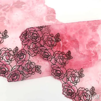 2 ярда Вышивки Кружевной Отделкой Розовыми Цветами DIY Платье Швейные Аксессуары Вышитые Кружевные Ткани для Одежды Ремесла