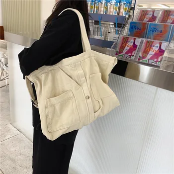 Женская сумка через плечо, простая повседневная дизайнерская сумка через плечо, холщовая однотонная мягкая женская сумка для покупок большой емкости для женщин