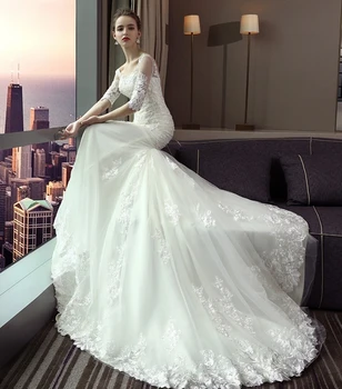 #6212 Оптовая продажа, свадебное платье с кружевной аппликацией в виде русалки с коротким рукавом, платье невесты