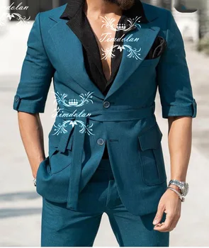 Летний костюм с коротким рукавом цвета озера, Большой карман с клапаном и пояс, дизайнерский роскошный бренд, социальный блейзер, брюки, одежда для вечеринок.
