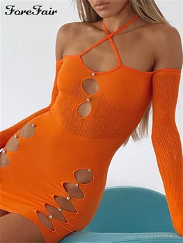 Forefair Y2K Сетчатое платье с длинным рукавом, открытое, облегающее, без плеч, сексуальные пляжные наряды, Летняя женская клубная вечеринка