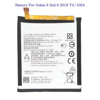 1x Сменный аккумулятор HE345 3060mAh для Nokia 6 2nd 6 2018 TA-1054 HE 345 Batteries Bateria