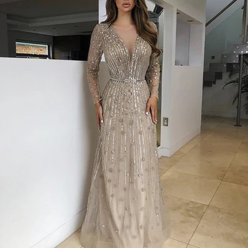 Шарон Саид Роскошное вечернее платье Дубайского цвета: золотистый, серебристый, с длинным рукавом, Арабские Мусульманские вечерние платья для женщин, Свадебная вечеринка SS126