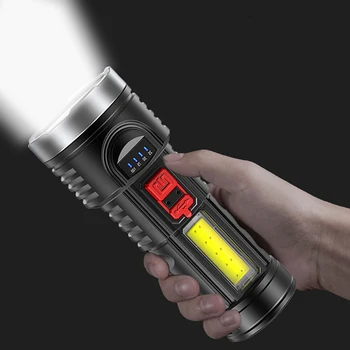 Портативный светодиодный тактический фонарик с боковой подсветкой USB, перезаряжаемый фонарь, встроенный аккумулятор, водонепроницаемый ручной фонарь для кемпинга