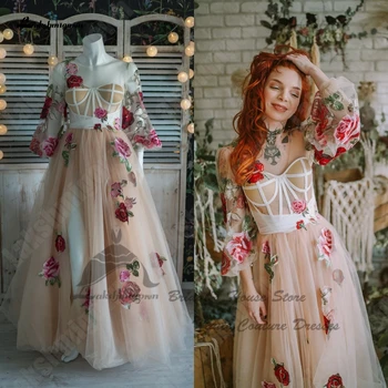 Свадебное платье Lakshmigown Flary с длинным рукавом и цветами цвета Шампанского 2023 Vestidos Свадебные платья в готическом стиле Кантри Бохо с разрезом сбоку