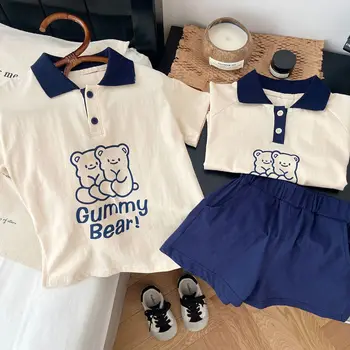 Летняя детская одежда 2023 года, футболка с мультяшным медведем для Корейских мальчиков + шорты, комплекты спортивной одежды для маленьких девочек, Одежда для брата и сестры