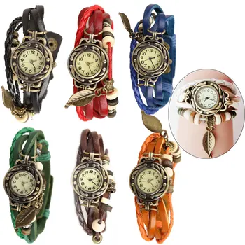 Кварцевые часы с винтажным браслетом, кожаный ремешок, бусины в форме листьев, подходят для женщин, эстетично-декоративные, универсальные