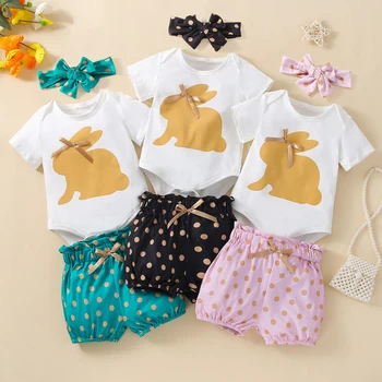 Комплект костюмов для маленьких девочек, колготки с бантиком в виде кролика, футболка с коротким рукавом, шорты в горошек с бантом и повязка на голову с бантом