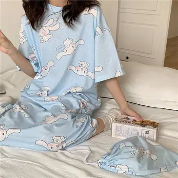 Ночная рубашка Sanrio Kuromi, домашняя одежда для девочек, летняя пижама с коротким рукавом, халаты My Melody Cinnamon с рисунком из мультфильма