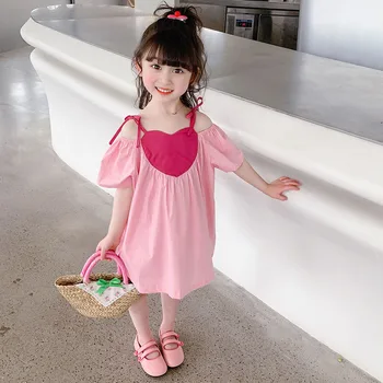 Детское летнее платье для девочек, платья на бретелях без плеч, платья-слинги в стиле пэчворк с сердечками, платье принцессы в корейском стиле, костюмы