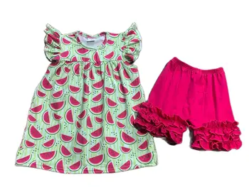 Летний Освежающий топ с плиссированными рукавами и принтом арбуза для маленькой девочки, красные шорты, комплект милой детской одежды Sunshine