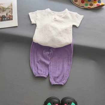 Детская одежда, костюмы, однотонные хлопчатобумажные льняные футболки и комплекты брюк для маленьких девочек и мальчиков, Летние повседневные комплекты из 2 предметов для девочек, топы + брюки