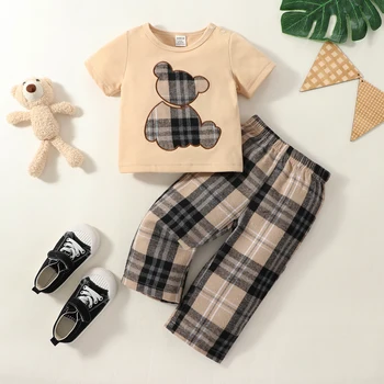 комплект одежды из 2 предметов для маленьких девочек и мальчиков, футболка с рисунком милого Медведя и клетчатые штаны