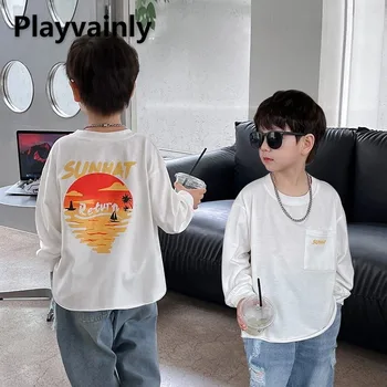 Детская футболка для мальчиков в корейском стиле, весна-осень, пуловер с круглым вырезом и длинными рукавами с мультяшным принтом, детская повседневная нижняя рубашка E3010