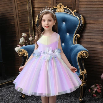 Юбки с аппликацией на талии для младенцев, разноцветное кружевное сетчатое платье принцессы для маленьких девочек, бальное платье без рукавов с круглым вырезом до середины икры, от 0 до 3 лет