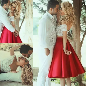 Красно-Белое кружевное свадебное платье из двух частей С открытыми плечами и открытой спиной, свадебное платье