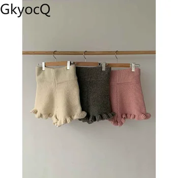 GkyocQ Весенние Женские шорты с высокой талией, Однотонные Свободные Кружевные трикотажные короткие брюки, Корейская мода, мини-брюки для горячих девушек, Женская одежда