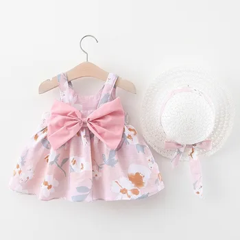 Розовое платье с цветочным рисунком + шляпа, комплекты из двух частей, летняя одежда для малышей, Милая красивая девушка, юбка принцессы без рукавов с бантом, Новинка 2023 года