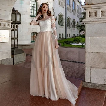 Свадебное платье трапециевидной формы с круглым вырезом, иллюзия длинного рукава, Vestido, аппликации, бусины, жемчуг, пояс, вечернее платье для официальных мероприятий