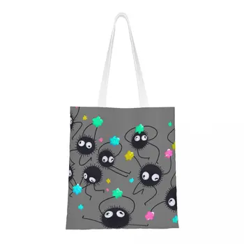 Изготовленная на заказ холщовая сумка для покупок Spirited Away Soot Sprites Для женщин, перерабатывающая продуктовые сумки Ghibli Neighbor Totoro Anime Shopper Tote Bag