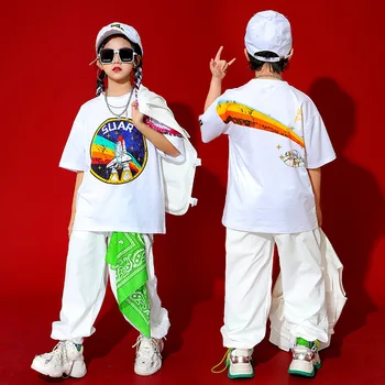 Одежда в стиле хип-хоп для девочек и мальчиков, костюм для уличных танцев, белые топы, жилет, брюки, концертный современный танцевальный сценический наряд, одежда для рейва