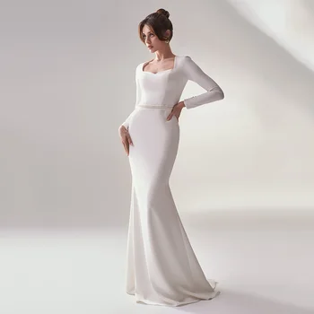 Элегантное свадебное платье Русалки с длинными рукавами, простые белые свадебные платья, Скромное платье невесты с жемчугом на заказ, Robe de Mariee