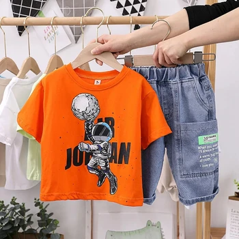 Детский летний костюм в новом корейском стиле для мальчиков, футболка с круглым вырезом и короткими рукавами, комплект шорт, комплект детской одежды для мальчиков